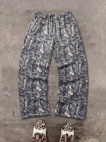 MAISONFOX Men's Fashion Street Elastic Waist Leaf Print All-Over Camouflage Print Sports Pants, Men's Fashion Pants Leaf Print, Loose Flare Leg Design - Army Green - View 3