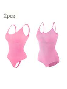 2Pcs High Waist Tummy Control Thong Bodysuit Figure - 粉色 - 查看 1