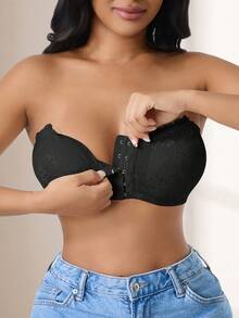 CELILIN Strapless Lace Bandeau Bra For Women - Front Closure Non-Slip Tube Top For Off-Shoulder Outfits - Black - View 6