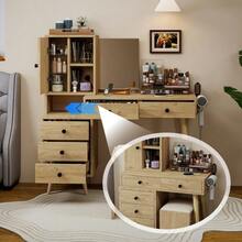 Modern Dressing Table With Mirror And Storage Space; The Mirror Is Retractable. It Features 5 Drawers, A Side Cabinet, And A Beige Upholstered Stool (With A Natural Wood Look). - 卡其色 - 查看 2