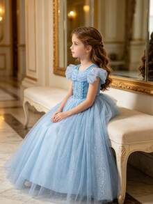4pcs/Set Girls Light Blue Floral Pattern Tulle Petal Sleeve Dress, Crown, Magic Wand, Handbag Set, Children's Role Play Dress Outfit For Party, Christmas, Carnival - Light Blue - View 5