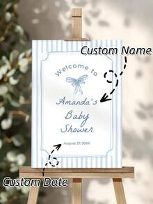 Custom Milestone Growth Canvas - Personalized Blue Stripe Bow Kids Name Sign, Watercolor Coquette Nursery Wall Art New Baby Birthday Keepsake Gift. - Multicolor - View 1