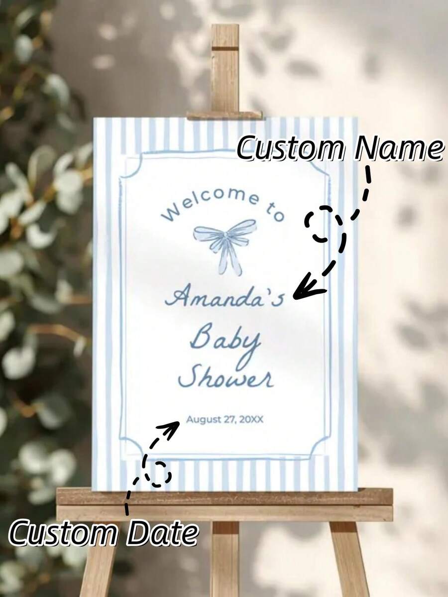 Custom Milestone Growth Canvas - Personalized Blue Stripe Bow Kids Name Sign, Watercolor Coquette Nursery Wall Art New Baby Birthday Keepsake Gift. - Multicolor - View 1