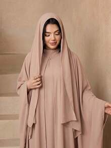3pcs Set Women's Fashion Versatile Solid Color Broken Card Long Robe + Loose Abaya Cardigan Long Robe + Scarf Set, Soft Skin-Friendly Sun Protection Muslim Clothing Shawl - Khaki - View 4