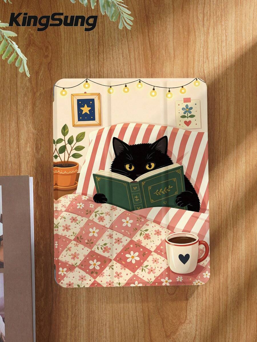 Kingsung Black Cat Reading Pattern Tablet Protective Case, Compatible With IPad Air 8 (Model M4), 2026 11-Inch/13-Inch, 9.7/10.2/10.5/10.9/12.9-Inch, Pro 11-Inch, 10th Generation, Galaxy Tab S6 Lite 10.4-Inch, Kindle Paperwhite 2024 12th Generation, Kindle 2022 11th Generation, Shockproof Protective Case With Smart Stand, Auto Wake/Sleep Function