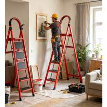 Escalera De Tijera Tubular Plegable 5 Peldaños Color Rojo Resistente Antideslizante Portátil Para Hogar Limpieza Reparaciones - Rojo - Ver 4