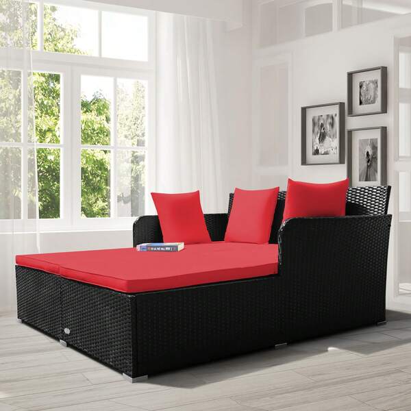 COSTWAY Outdoor Patio Rattan Daybed Thick Pillows Cushioned Sofa Furniture Red