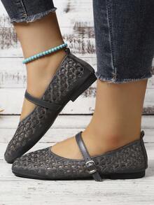 Women's Summer New Lace Mesh Hollow Out Flat Shoes,Ballet Flats - Grey - View 2