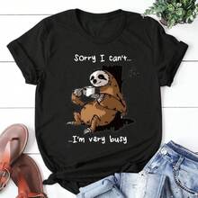 Sloth "Sorry, I'm Too Busy" Women's T-Shirt, Printed T-Shirt, Short Sleeves, Round Neck Cute Summer Graphi,Daily Outfit For Women,Perfect Gift For Her - QL7524A - White - View 5