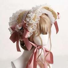LOLITA 田園風多色可愛花卉蕾絲蝴蝶結平頂草帽，Lolita髮飾，春夏秋冬四季森系Lolita髮飾，編織防曬裝飾帽，優雅蕾絲服裝搭配頭飾 - A - 查看 20