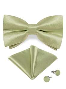 5Pcs Mint Green Men Accessory Set, Bow Tie Pocket Square Cufflinks Brooch Detachable Ring,Random Cufflink Patterns,Accessories For Wedding - Mint Green - View 5