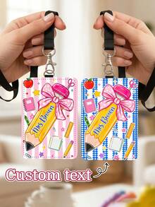 1pc Customized Pencil Bowknot Teacher Badge Pendant, Pink & Blue Plaid Striped Luggage Tag, ID Card Holder, Teacher Appreciation Gift, Back To School, New Job Gift - Multicolor - View 1