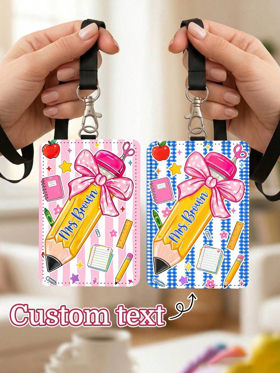 1pc Customized Pencil Bowknot Teacher Badge Pendant, Pink & Blue Plaid Striped Luggage Tag, ID Card Holder, Teacher Appreciation Gift, Back To School, New Job Gift - Multicolor - View 1
