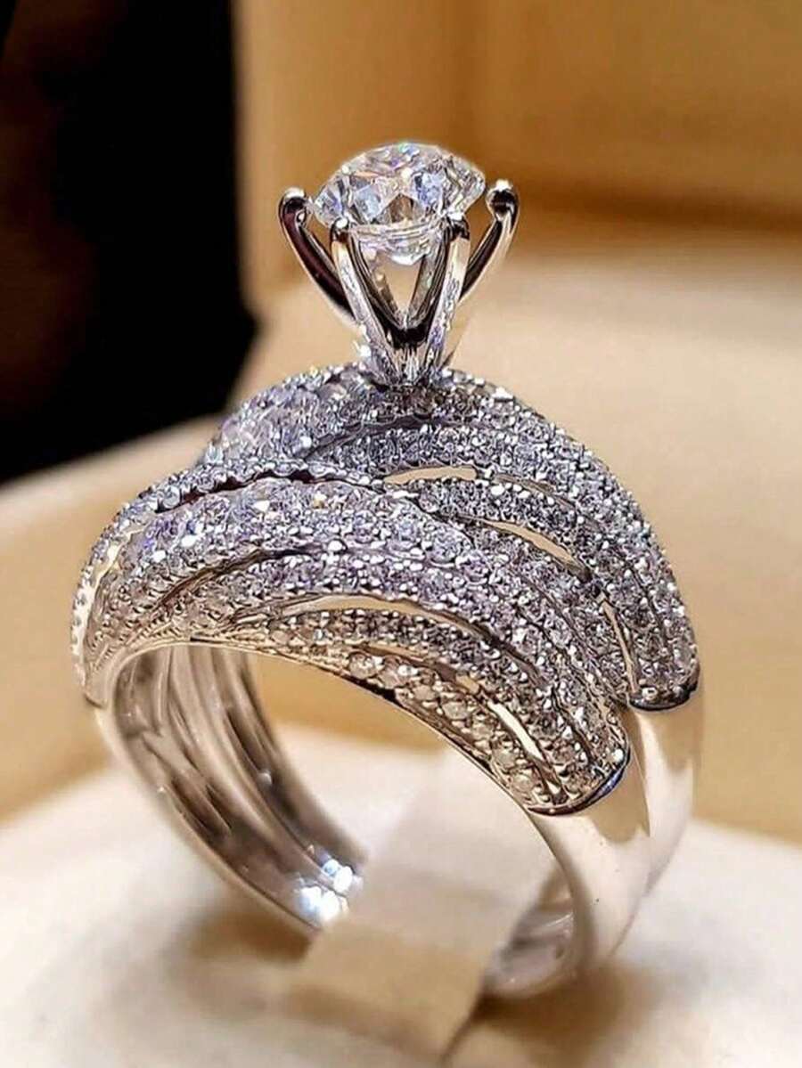 2件組女士奢華方形水晶婚禮新娘戒指,優雅訂婚派對戒指,週年紀念情人節禮物時尚珠寶(不含盒) - 銀色 - 查看 1