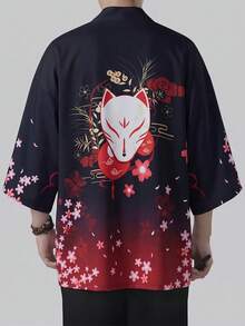 日式羽織印花和服薄款罩衫，狐狸圖案，夏季時尚休閒海灘度假罩衫，日常通勤百搭開襟上衣 - 黑色 - 查看 2