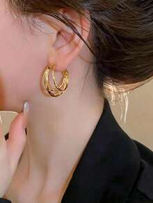 1 par de pendientes de aro y brazaletes para oreja dorados, estilo vintage, de moda, únicos, de nicho, exagerados, versátiles, elegantes, geométricos y multicapa, joyería para oreja, adecuados para chicas adolescentes, uso diario, vacaciones y fiestas - círculos geométricos - Ver 6