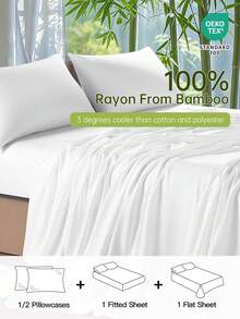 HONEYMOON 3/4件組竹纖維涼感床上用品套裝，夏季涼爽，純天然竹纖維床單套組，絲滑冰感觸感，透氣吸濕，深層睡眠，低過敏，套裝包含：床單*1+床墊套*1+枕套*1/2，深口袋設計適用於13-16英吋深床墊，枕套不含枕芯，適合四季使用，適用於各種床尺寸－單人、雙人、加大、特大，適合居家與學校使用，返校必備，Oeko-Tex認證，白色 - 白色 - 查看 2