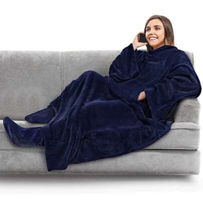 PAVILIA Manta de Forro Polar con Mangas y Bolsillos para los pies para Mujeres, cálida, acogedora, Extra Suave, Manta para Dormir con pies, Regalo para Mujeres, mamá Marino