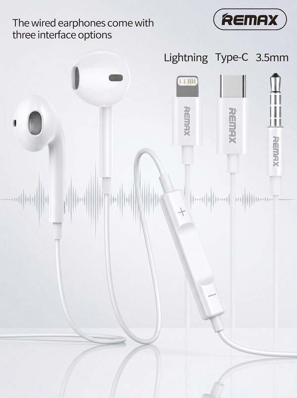 REMAX Headphone in-ear Type-C/3.5mm/Lightning | Isolasi kebisingan, suara stereo, kontrol volume, kompatibel dengan ponsel dan tablet Apple dan Android, headphone berkabel untuk ponsel dan komputer, headphone dekoder digital.
