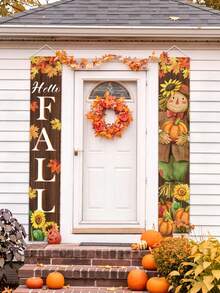 1/2 Stücke Hello Fall Vogelscheuchen-Veranda-Banner-Set, Ahornblatt Sonnenblume Kürbis vertikale Hängende Flagge, rustikaler Holzmaserungs-Muster Türdekoration, Herbst Thanksgiving Ernte Haustür Außenhof Bauernhaus-Stil Partydekoration - Herbst Vogelscheuche Sonnenblume - Übersicht 3