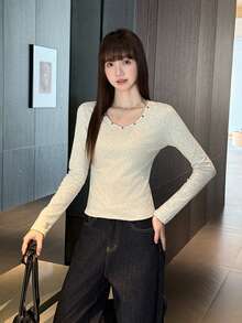 Sexy Style Rivet Decor Slim Fit Long Sleeve Base Layer Top Elastic Slimming Minimalist Daily Versatile Autumn/Winter Women's Top - Grey - View 2