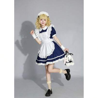 かわいい,メイド服,ロリータ風,ワンピース,エプロン付き,リボン,コミケ,撮影,舞台,演出服,パーティー,イベント,コスチューム,可愛い,青,ブルー