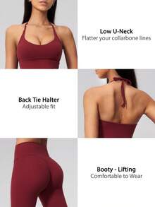 NcmRyu Women's One Set Solid Color Halter Tie U-Neck Backless Cropped Tank Top High Waist Ankle Pants Sports Set - Red - View 4