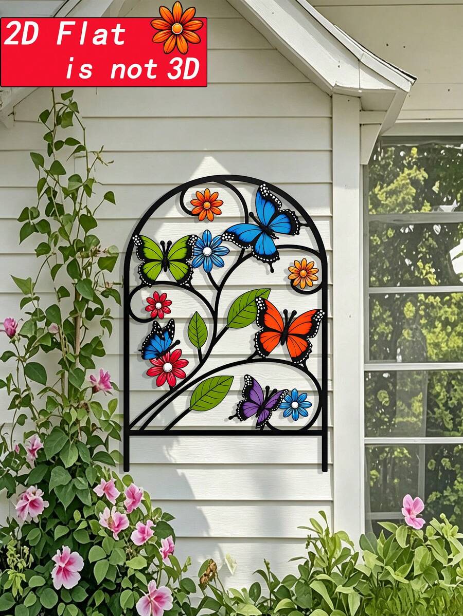 1 Set Of 5 Butterfly Floral Arch-Shaped Iron Art Decorative Hanging Ornaments, Black Hollow Vine With Colorful Daisy And Green Leaves, Suitable For Garden Lawn Insertion, Fence Wall Hanging, Garden Decoration, Balcony, Patio, Indoor Decoration, Living Room, Bedroom, Room, Gift For Insect Enthusiasts - 257 - View 1