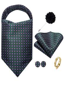 Ensemble de 5 pièces pour homme vert foncé à petits carreaux, cravate Ascot, pochette, boutons de manchette, bague, boutonnière, motif des boutons de manchette aléatoire, accessoires de costume formel pour mariage - Vert sapin - Voir 1