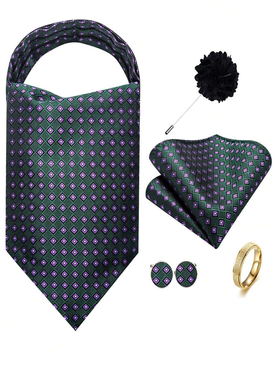 Ensemble de 5 pièces pour homme vert foncé à petits carreaux, cravate Ascot, pochette, boutons de manchette, bague, boutonnière, motif des boutons de manchette aléatoire, accessoires de costume formel pour mariage - Vert sapin - Voir 1
