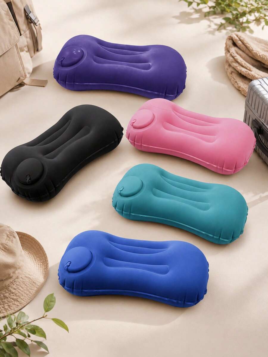 1pc Inflatable Waterproof Comfortable Portable Camping Pillow, Neck Support, Machine Washable, Hiking Outdoor Gear, Camping Travel Inflatable Pillow, Lightweight Foldable, With Eye Mask And Earplugs Set, Summer Holiday Essential