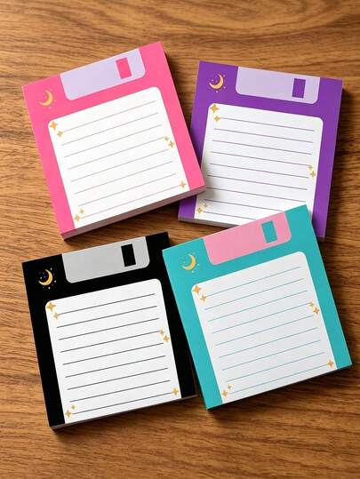Vintage Disket Tasarımlı Yapışkanlı Not Kağıdı 4'lü Paket, 3x3 İnç Çizgili Yıldızlı Gökyüzü ve Ay Desenli Not Defteri, Ofis Masa Dekoru İçin Estetik Planlama Malzemesi ve Özgün İş Arkadaşı Hediyesi (Defter Başına 50 Sayfa)