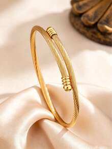 1/3pcs Stainless Steel Bracelet Set, Twisted Rope Clover Rhinestone Open Cuff Bangle, Niche Non-Fading Stackable Commuter Women's Jewelry - Gold - View 2
