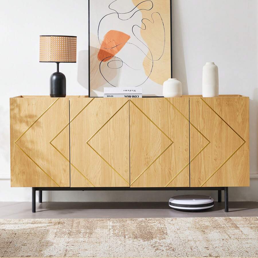 Living Room Sideboard With 4 Drawers And Metal Inlays - Versatile Cabinet, Buffet, Display Unit – - Natural - View 1