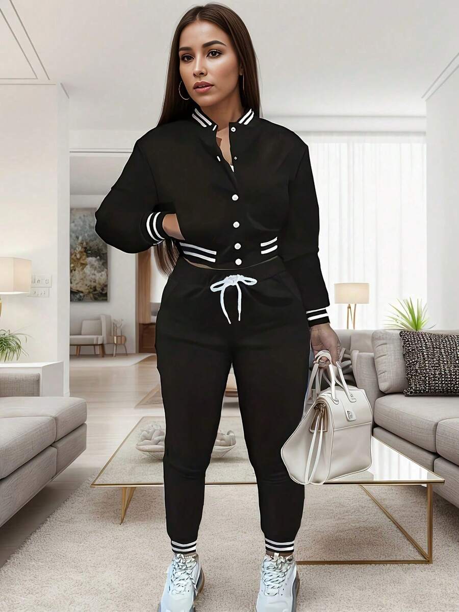 纯色夹克和单排扣棒球服套装 女士运动服两件套 休闲黑色 春季优雅 - 黑色 - 查看 1