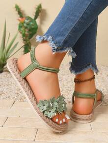 1 Pair Floral Print Beach PU Leather Flower Embroidery Flat Sandals Summer Elastic Adjustable - Green - View 2