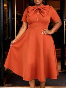 Plus Size Orange Bow Front Midi Dress Women Puff Short Sleeves Button Decoration A Line Elegant Vintage Church Vacation Summer Wedding Guest Dresses - Red - View 4