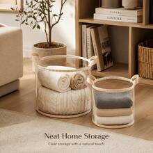 Foldable Round Transparent Storage Basket, Square Visual Storage Bin With Handle, Clothes And Towel Organizer Bucket, Home Wardrobe Living Room Bathroom Desktop Organizer Basket, Suitable For Books, Toys, Clothes, Cabinet, Item Organization And Storage - Transparent Beige - View 3