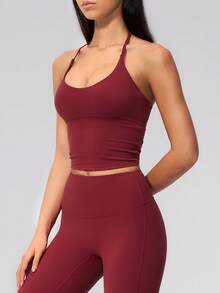 NcmRyu Women's One Set Solid Color Halter Tie U-Neck Backless Cropped Tank Top High Waist Ankle Pants Sports Set - Red - View 7