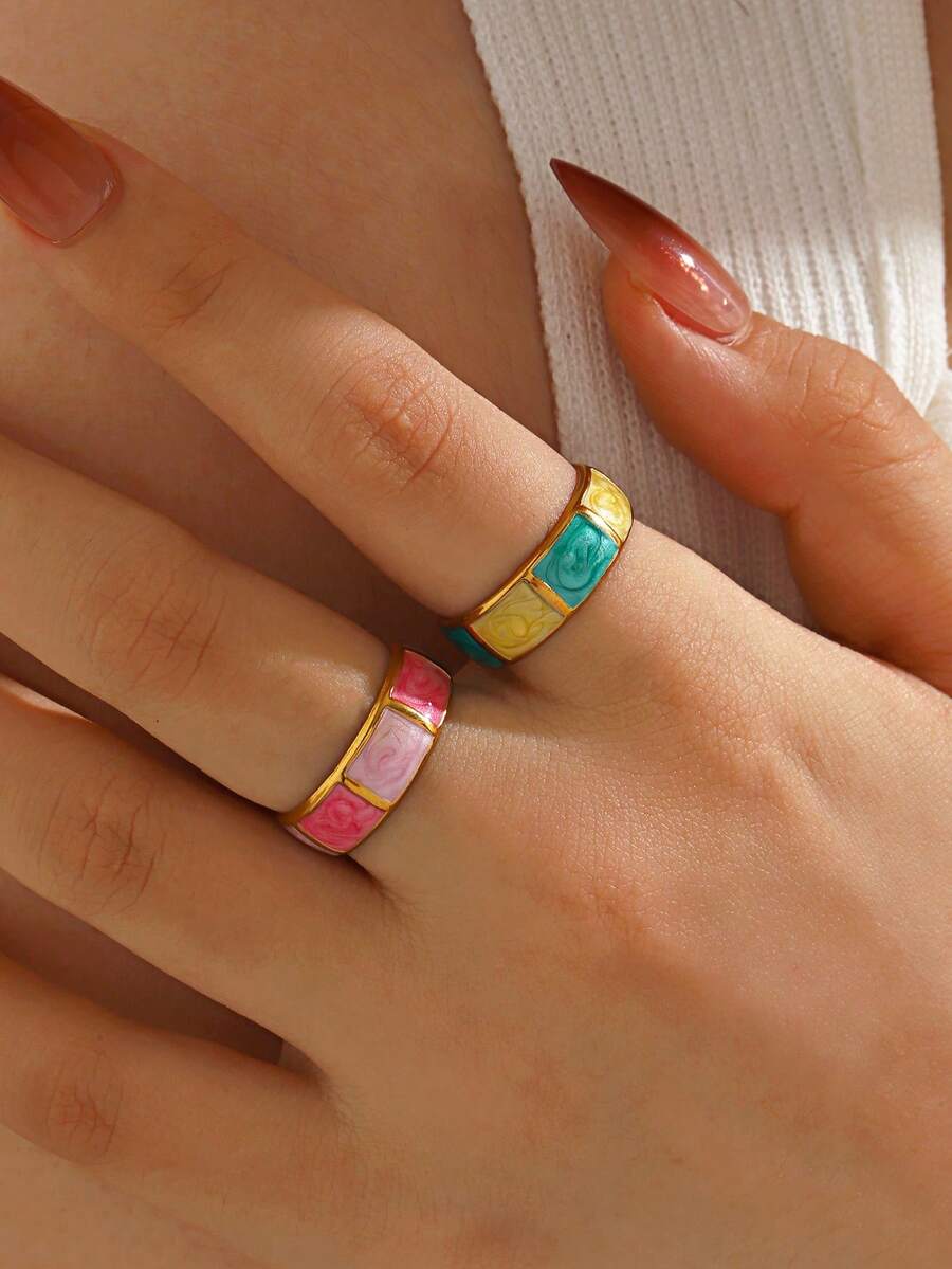 1/2pcs Stainless Steel Fashion Colorful Drip Oil Ring, Suitable For Women's Daily Wear And Shopping - Multicolor - View 1