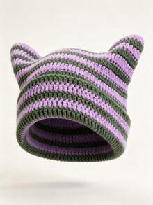 1 pieza Gorro de punto cálido de otoño/invierno, Gorro de punto con orejas de gato estilo Y2K lindo, Gorro minimalista de moda para mujer - gorro de punto con orejas de gato - Ver 3