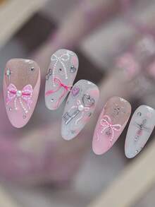 1 Sheet Of Crystal Diamond Pink White Bow Nail Art Stickers, Self-Adhesive DIY Nail Decorations Featuring 3D Embossed Gradient Ribbon Bows, Pearl Chains, Metal Heart Pendants, Mini Silver Rhinestones And Cursive English Lettering - Multicolor - View 6