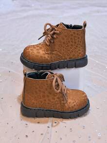 Girls' Stylish Leopard Print Ankle Boots, Autumn/Winter New Single-Layer Leather Boots, Versatile Boots For Mid-To-Large Children, Boys' Leather Boots - Brown - View 2