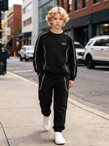 Boys' Spring/Autumn 2-Piece Set, Logo Print Crew Neck Top With Contrast Stitching Detail And Matching Cuffed Sweatpants, Versatile Casual Outfit For School And Outings - Black - View 3