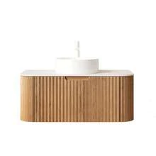 DINA 36" Bathroom Vanity&Sink, Floating Curved Edges Striped Bathroom Storage Cabinet With Drawer, White Round Ceramic Basin&Carrara White Artificial Marble Top, Pre-Assembled, Natural Woodgrain Color-XY316924 - 1 - View 3