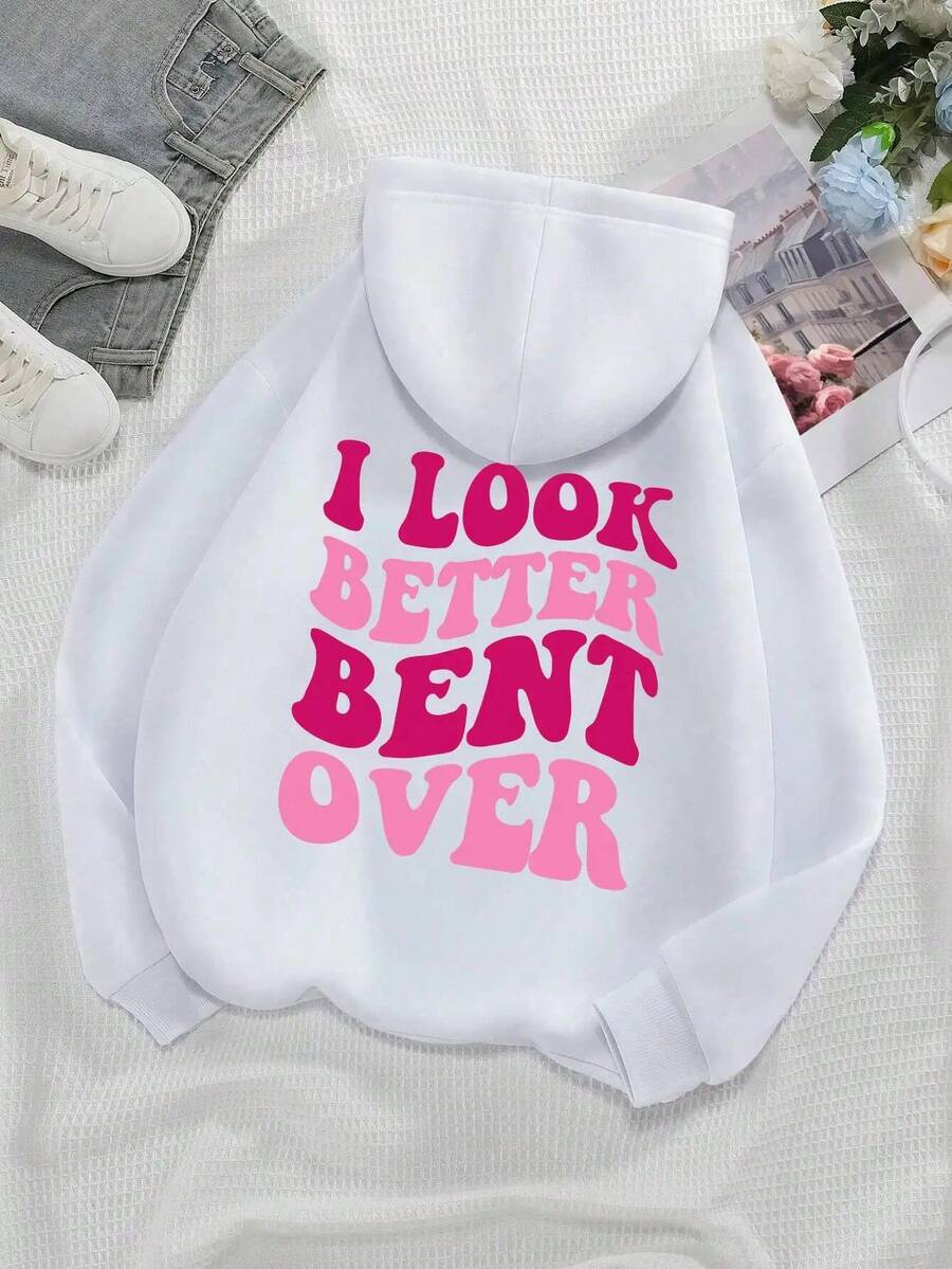 Look Better Bent Over - Felpa con Scritta Divertente da Donna, Stile Hip Hop, Ampia, con Cappuccio, Casual, Autunnale, Felpa con Cappuccio Foderata in Pelliccia, Moda, Taglie S-XXL - Bianco - Visualizzare 1