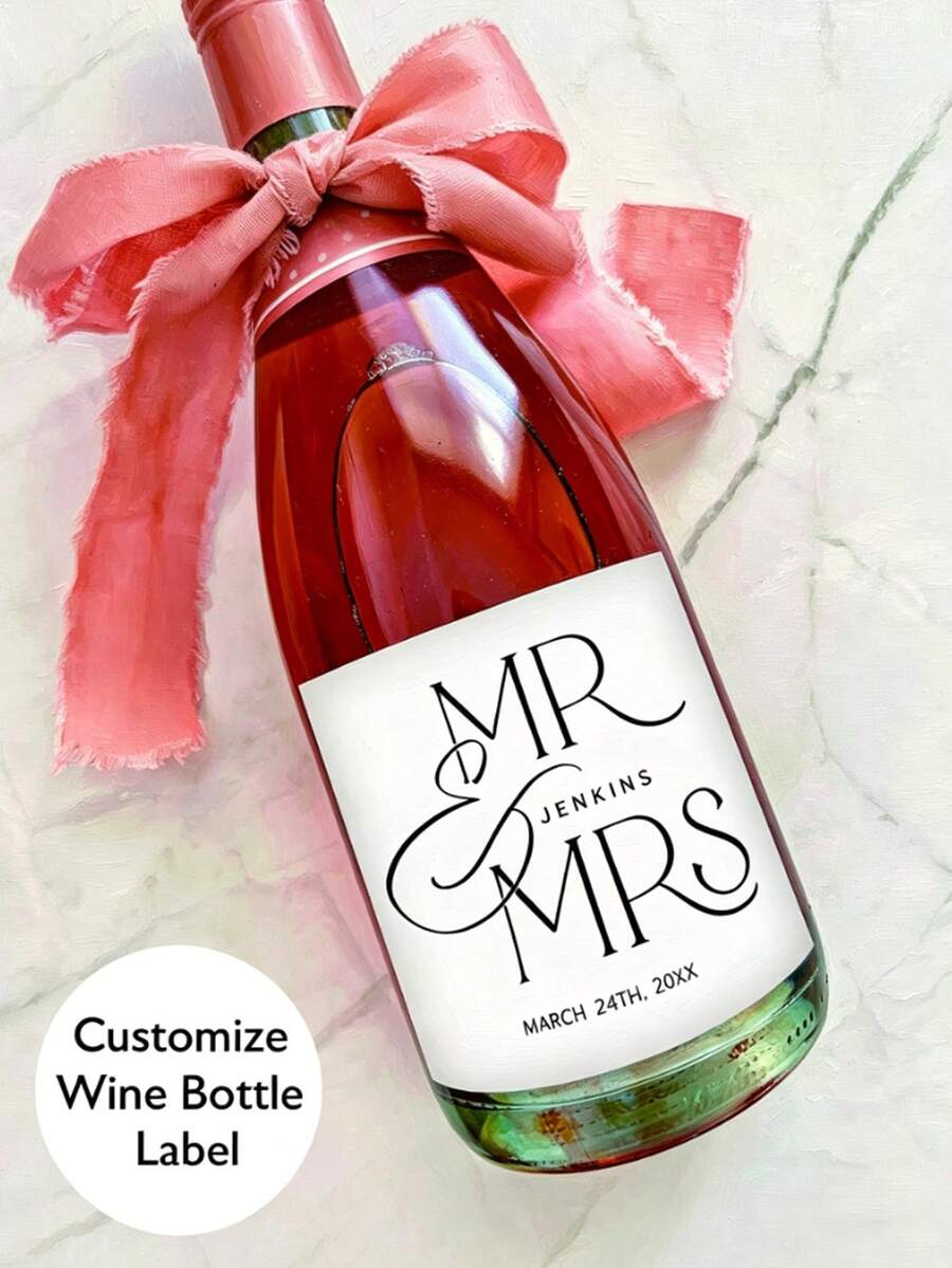 個性化 1/5/10/20張「Mr & Mrs」紅酒標籤貼紙,可自訂文字,優雅黑白書法設計,適用於婚禮伴手禮、接待桌及其他場合 - 彩色 - 查看 1