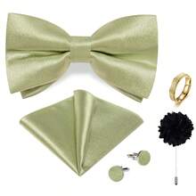 5Pcs Mint Green Men Accessory Set, Bow Tie Pocket Square Cufflinks Brooch Detachable Ring,Random Cufflink Patterns,Accessories For Wedding - Mint Green - View 2