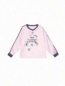 Women's Printed Short Sleeve T-Shirt, Fun Multi-Print Pattern Sporty V-Neck Long Sleeve Jersey T-Shirt Tee Pink - Pink - View 3
