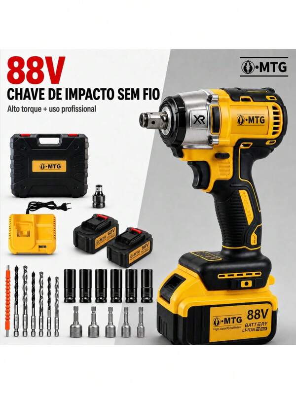 MATOUGUI Chave de Impacto Sem Fio Brushless 88V MTG Alto Torque 350N.M, 2 Baterias 13000mAh, Maleta Completa com Soquetes e Brocas para Mecânica e Obra Profissional